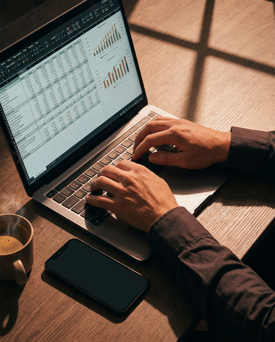 Hands typing on a laptop with a financial spreadsheet on screen